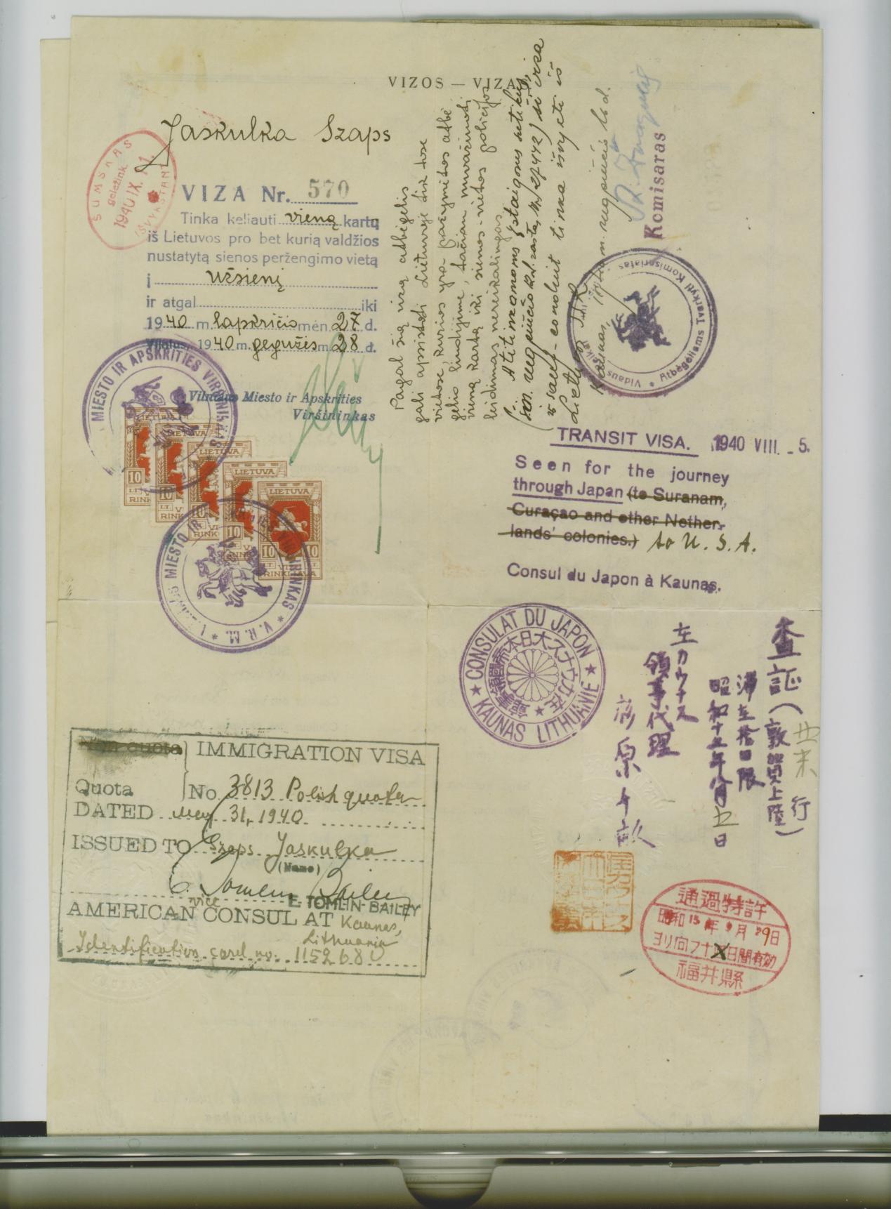 Sugihara visa of 5 August 1940 amended to U.S.A.